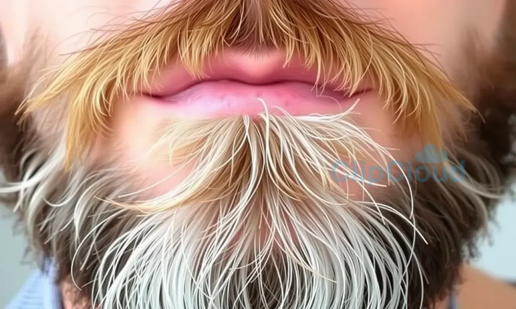 A close-up of a well-groomed beard and mustache on a man's face, showcasing cleanliness and proper care. The beard should appear soft, healthy, and free of any visible dirt or debris. The mustache should be neatly trimmed and styled. The background should be neutral and not distracting, focusing solely on the beard and mustache.
