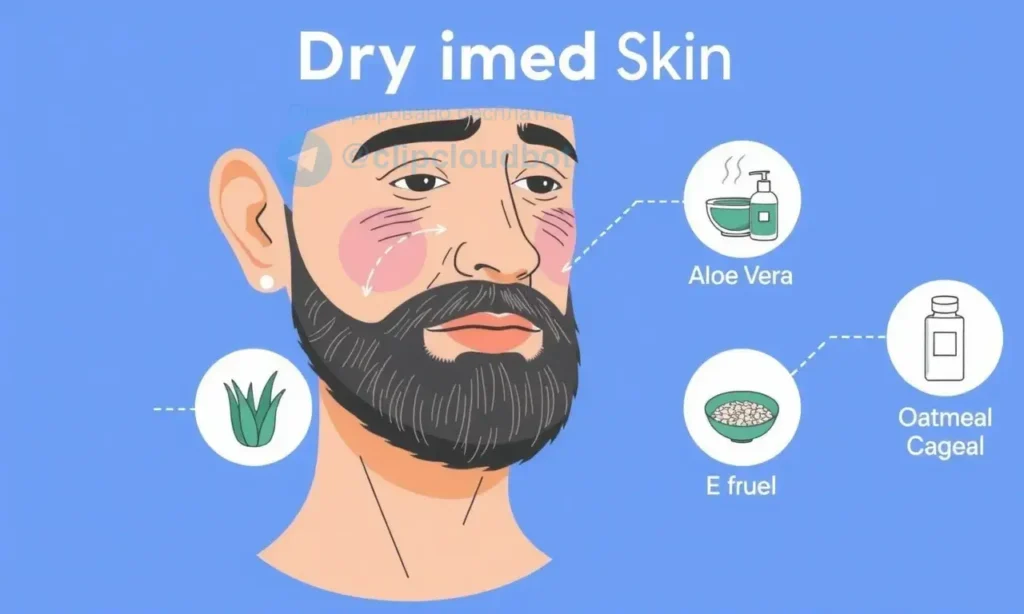 A medical illustration showing a man with dry, sensitive skin on his face, with a gentle beard growing in stages, accompanied by icons representing skincare products and soothing elements like aloe vera and oatmeal, in a clean, informative style