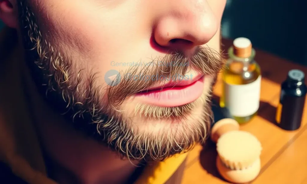 A close-up of a man's face showing early-stage beard growth with soft, slightly coarse stubble on the chin and jawline, natural skin texture, warm daylight lighting, subtle grooming products like beard oil and a soft brush nearby on a wooden surface, realistic and detailed, no text or symbols