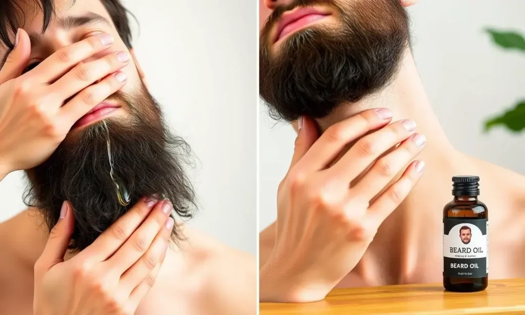 A person applying beard oil to their beard, step-by-step, with clear focus on the hands massaging the oil into the beard and skin. Show a natural, clean background with soft lighting. Include a bottle of beard oil on the side. Do not include any text or numbers.