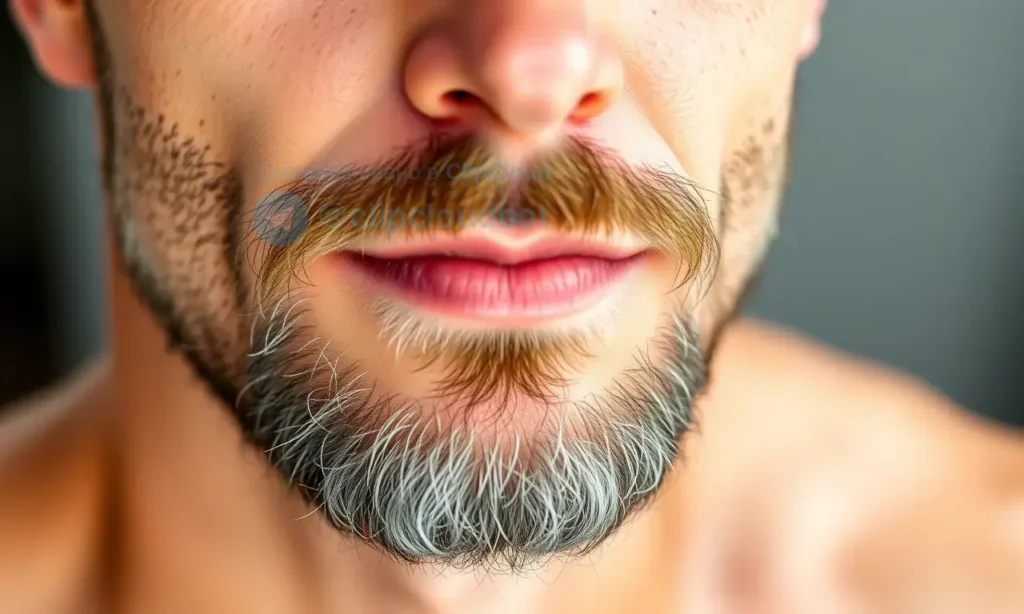A close-up portrait of a man with a well-groomed beard, showing healthy facial hair growth on dry and sensitive skin, with subtle signs of moisturized, calm skin underneath — no redness, flaking, or irritation. Soft natural lighting, skin texture visible but smooth, beard neatly trimmed, gentle expression, focus on skin-hair interface. Background blurred, neutral tones.