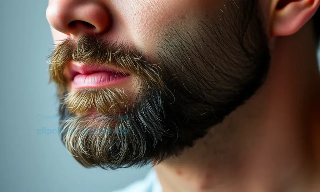 A close-up portrait of a man's face with a full beard, showing the skin under the beard noticeably darker than the surrounding facial skin, soft natural lighting, realistic skin texture, subtle shadows emphasizing the contrast, no visible irritation or rash, focus on the jawline and neck area where beard grows, high detail, photorealistic style