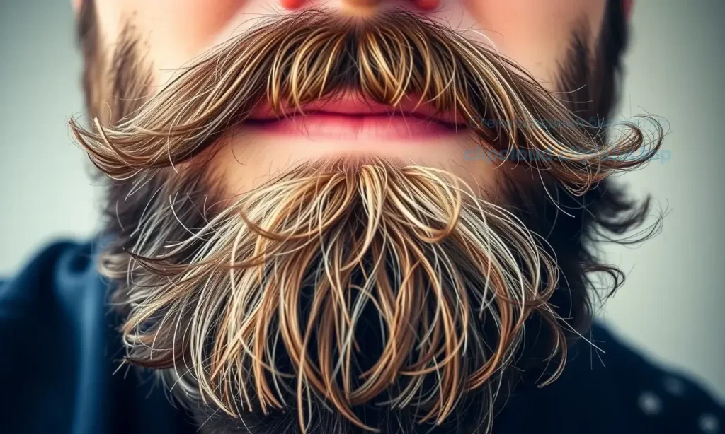 A close-up of a man's beard showing dark roots and lighter tips, realistic hair texture, natural lighting, no text or symbols on the beard, no words or numbers visible