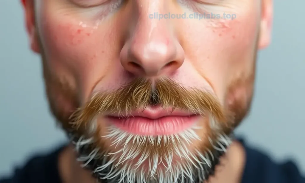 A close-up portrait of a man with a beard, showcasing dry skin on his face. The image should highlight common skincare issues such as flakiness, redness, and tightness. The man should have a neutral expression, and the focus should be on the texture and condition of his skin. The background should be simple and uncluttered to keep the attention on the facial details.
