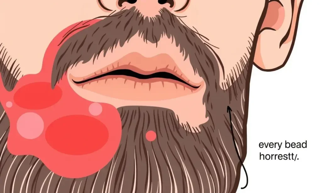 A close-up illustration showing skin under a beard with visible signs of cosmetic overload: redness, clogged pores, and irritation, depicted in clear medical detail without text or labels