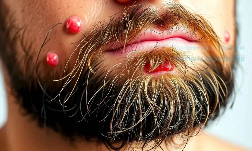 A close-up of a man's beard area showing red inflamed pimples and acne on the skin beneath the beard, realistic skin texture, natural lighting, medical illustration style, no text or symbols on skin