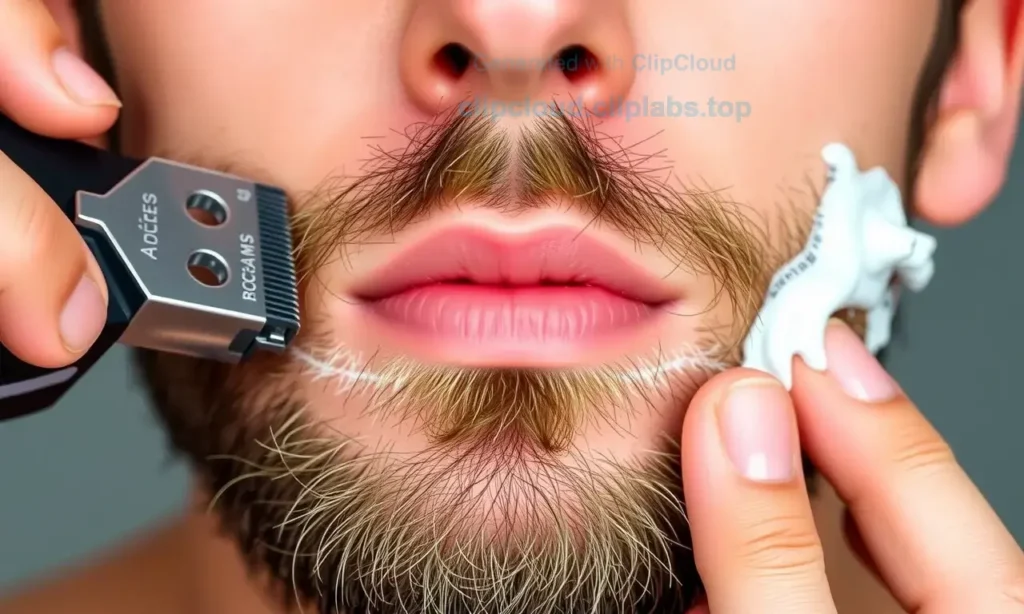 A close-up of a man's face showing dry skin around the beard contours after using a trimmer and shaving, with a moisturizing cream or lotion being applied to soothe and hydrate the skin, emphasizing skin care for successful beard maintenance