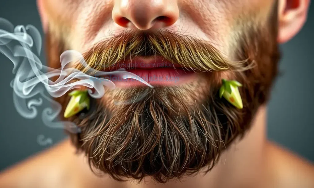 A close-up of a well-groomed man's beard and mustache with a fresh, pleasant scent visualized as subtle aromatic mist or natural elements like herbs and flowers gently surrounding the facial hair, emphasizing cleanliness and freshness