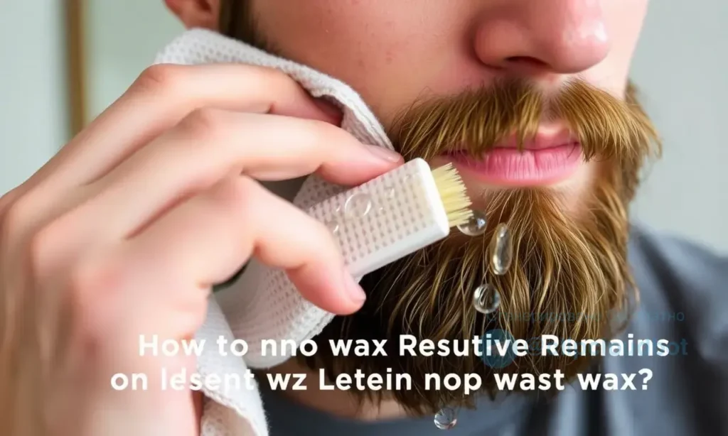A person cleaning wax from their beard using a soft cloth or brush, with water droplets visible, ensuring no wax residue remains on the skin or clothing. The scene should show a clean, tidy environment with no leftover wax or stains.