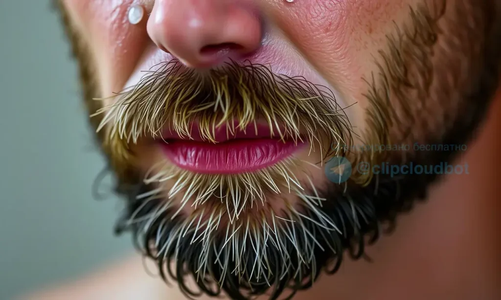A close-up of a man's face with a beard, wet after a shower, showing flaking skin under the beard, natural lighting, realistic style