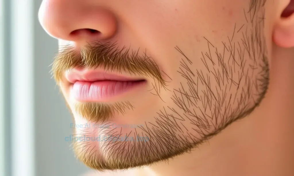 A close-up of a well-groomed man with a neatly trimmed short beard, clean-shaven cheeks, and smooth skin, showing no signs of irritation or redness, with natural lighting highlighting healthy skin texture