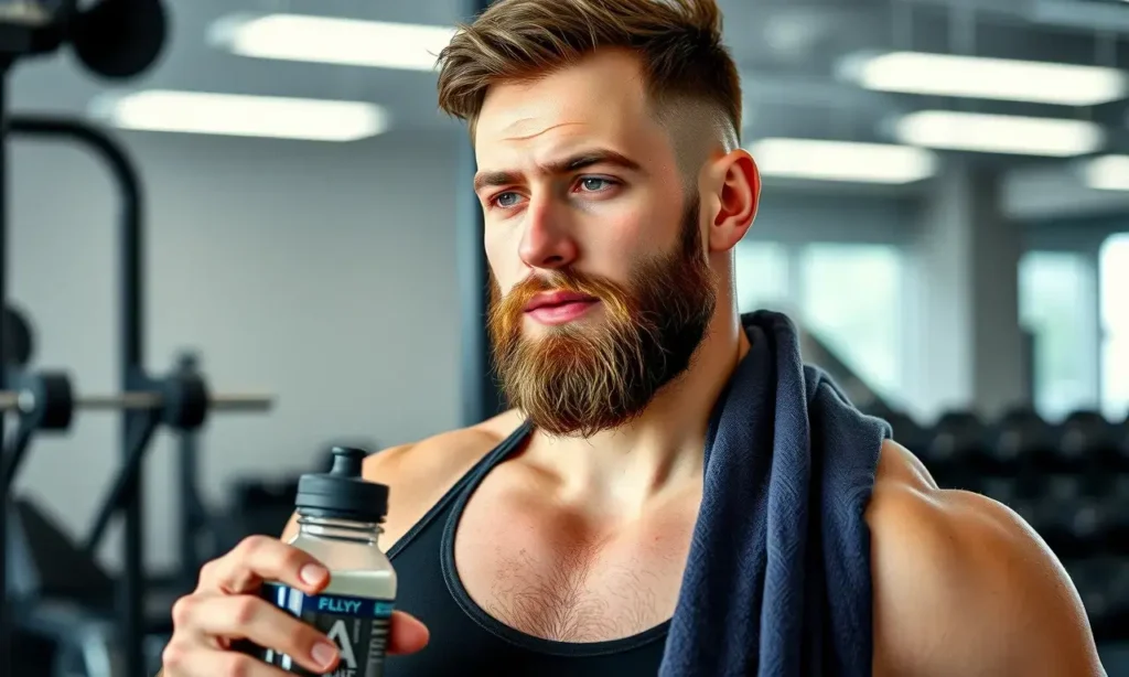 A clean-shaven athlete with a neatly trimmed short beard, wearing sportswear, holding a water bottle, in a modern gym setting with visible sweat droplets and a towel nearby, emphasizing proper beard care during workouts