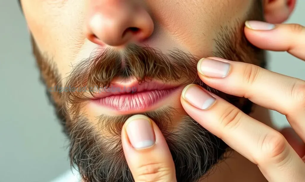 A close-up of a man's face with a well-groomed beard, showing subtle signs of skin irritation such as redness, dry patches, and ingrown hairs around the jawline and neck, with a dermatologist's hand gently pointing to affected areas; soft natural lighting, high detail, realistic skin texture, no text or symbols visible