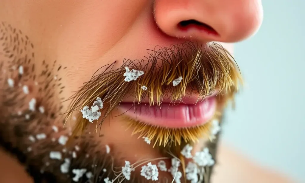 A close-up of a man's face showing dry, flaky skin under the beard after a shower, with visible white flakes on the skin beneath facial hair, soft natural lighting, realistic skin texture, no text or symbols
