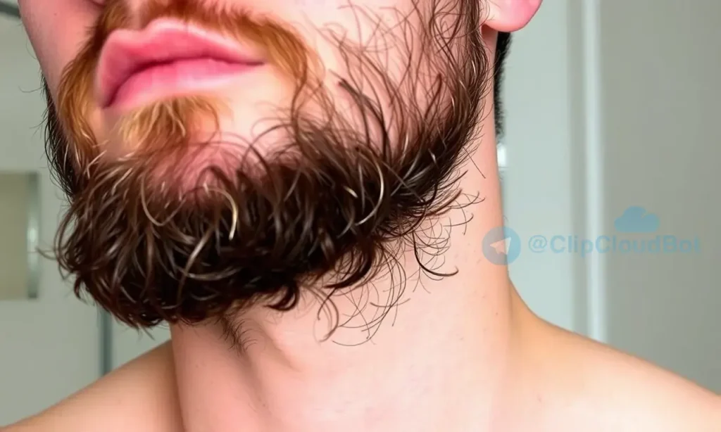A close-up image of a man with a beard, showing the skin underneath his beard after taking a shower. The skin should appear slightly flaky and dry, indicating the issue described in the article. The man should have a neutral expression, and the focus should be on the skin texture and condition. The background should be simple and not distracting, possibly a plain bathroom setting.