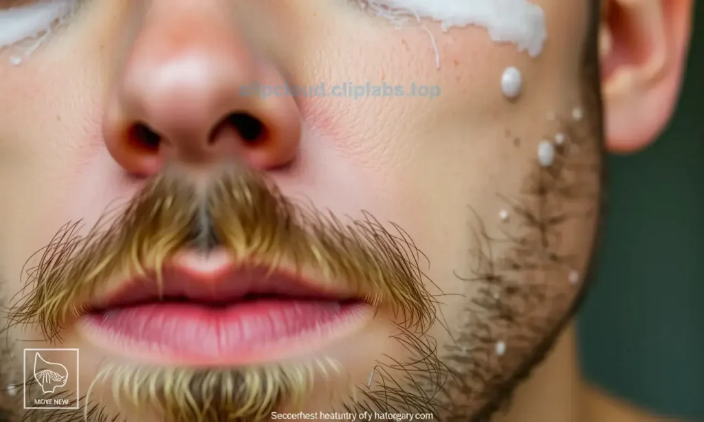 A realistic close-up of a man's face showing a sparse, patchy beard after shaving, with visible skin texture and subtle stubble, natural lighting, high detail, no text or symbols