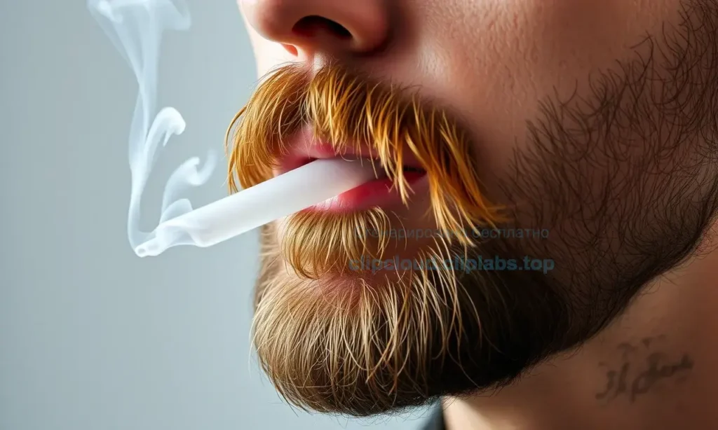 A close-up of a man's beard with visible smoke or vapor wisps emanating from it, suggesting a tobacco odor, set against a neutral background, realistic style