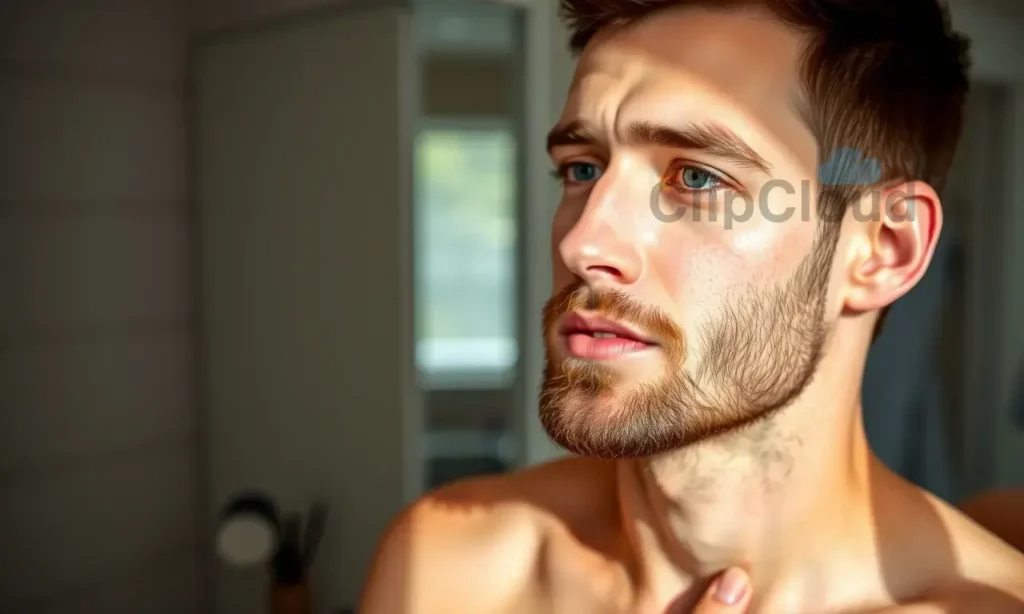 A man with a neatly trimmed beard, looking refreshed and well-groomed after waking up, with soft natural lighting highlighting his clean-shaven face and tidy beard, in a modern bathroom setting with a mirror and grooming tools subtly visible in the background