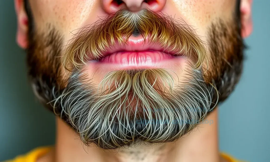A close-up of a man's face with a well-groomed, medium-length beard, showing healthy facial hair growth on dry and sensitive skin, with subtle signs of mild irritation or redness around the jawline and cheeks, soft natural lighting, realistic skin texture, no visible products or tools, focus on the beard and skin interaction