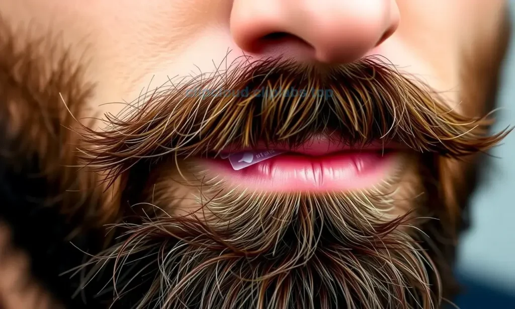 A close-up of a well-groomed man's beard with a small amount of clear beard wax applied to the mustache area, showing the wax holding the hairs in place naturally, realistic texture, soft lighting, no text or symbols on the image