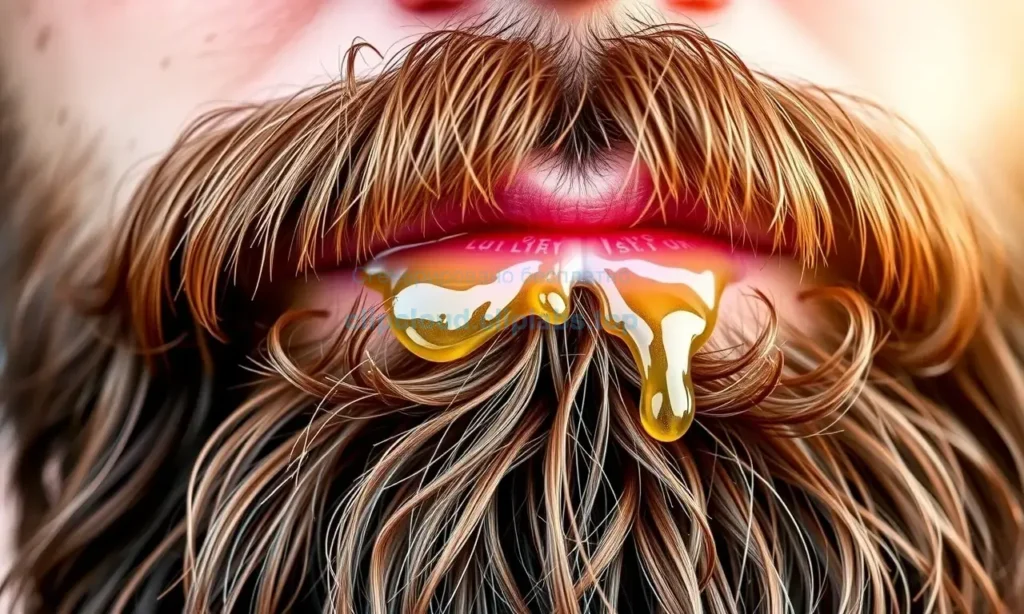 A close-up of a well-groomed man's beard with droplets of oil and wax on the hair, natural lighting, realistic texture, no text or symbols on the image