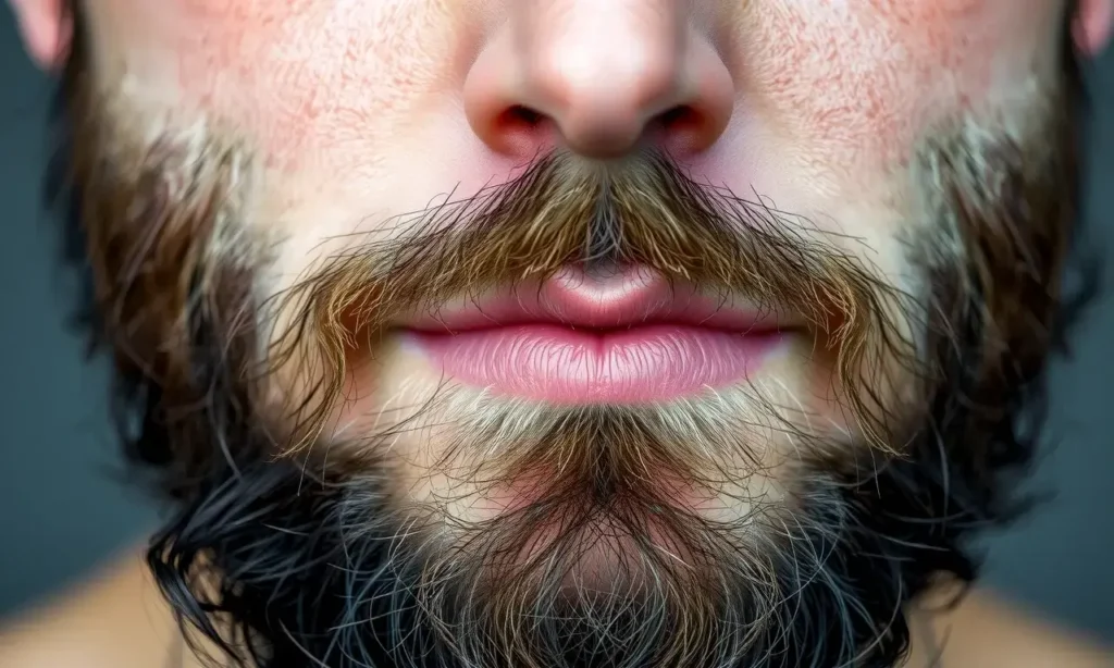 A close-up of a man's face showing patchy and uneven beard growth, with sparse areas and thicker patches, naturalistically distributed, soft lighting, realistic skin texture, no facial expressions, focus on beard irregularities
