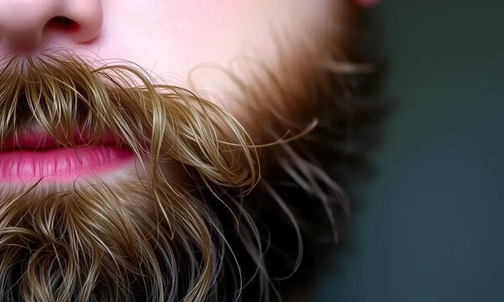 A close-up of a man's beard showing darker roots and lighter tips, realistic skin texture, natural lighting, no text or symbols