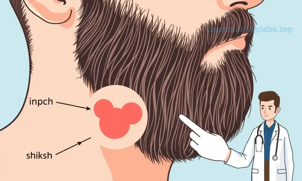 A close-up illustration showing a man's beard with ingrown hairs, highlighting red bumps (shiksh) and inflamed areas, with a dermatologist pointing to the affected spots and providing expert advice, clean medical diagram style with clear labels