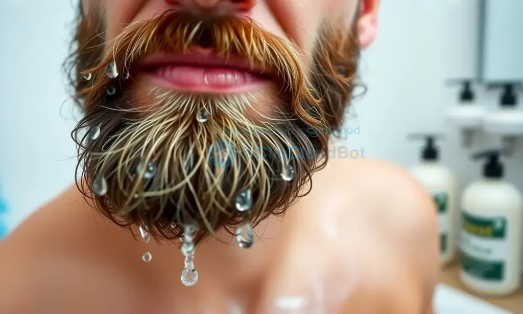 A close-up of a freshly washed beard with water droplets, clean and well-groomed, surrounded by a clean bathroom environment with a towel and beard care products nearby, showing the beard looking soft and healthy