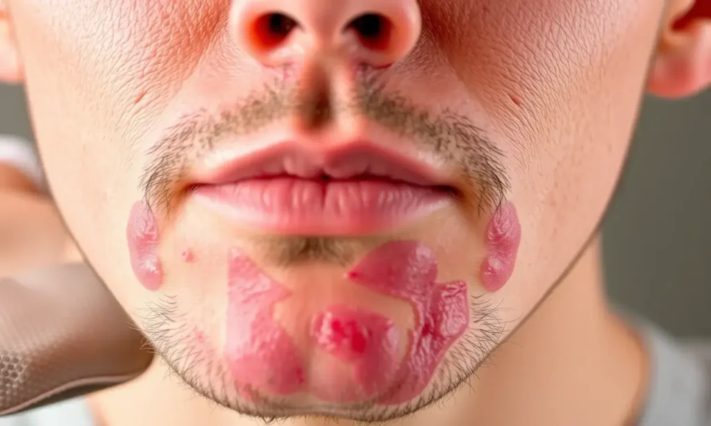 A person's face showing dry skin after using a trimmer and trimming beard contours, with visible skin irritation, redness, and dry patches. Include a clean-shaven beard area and a slightly rough skin texture. Show a close-up view focusing on the beard line and surrounding skin.