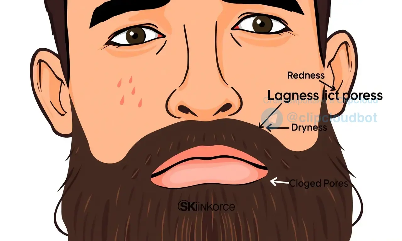 A close-up illustration of a man's face showing signs of skin irritation under his beard, such as redness, dryness, and clogged pores, with a concerned expression, set against a simple background, in the style of a health education infographic