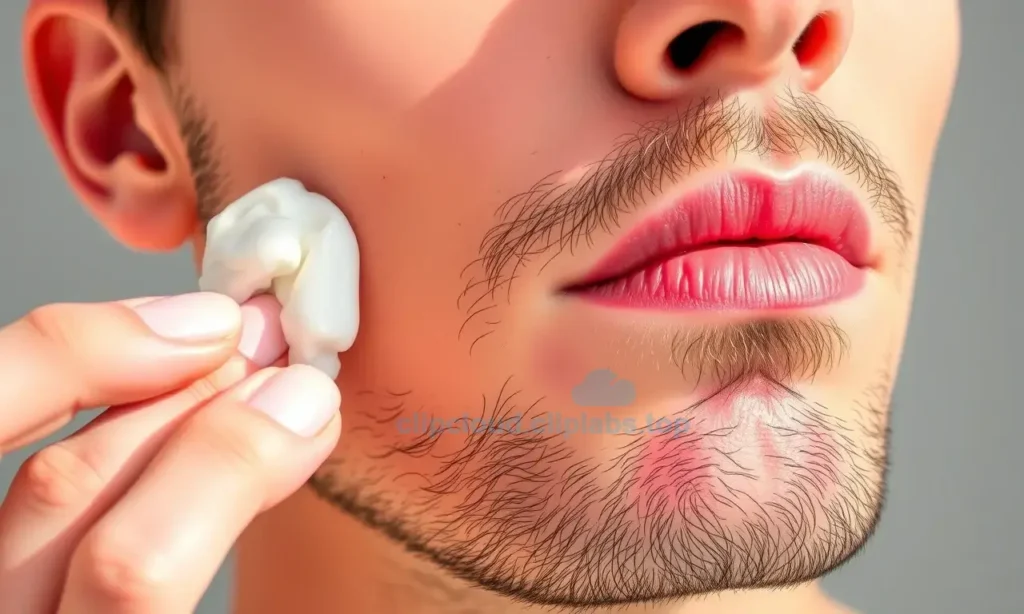 A close-up illustration of a man with dry, flaky skin on his face, showing redness and irritation around the jawline and cheeks, with a gentle hand applying soothing moisturizer to demonstrate skincare for sensitive skin, soft natural lighting, detailed skin texture, medical illustration style