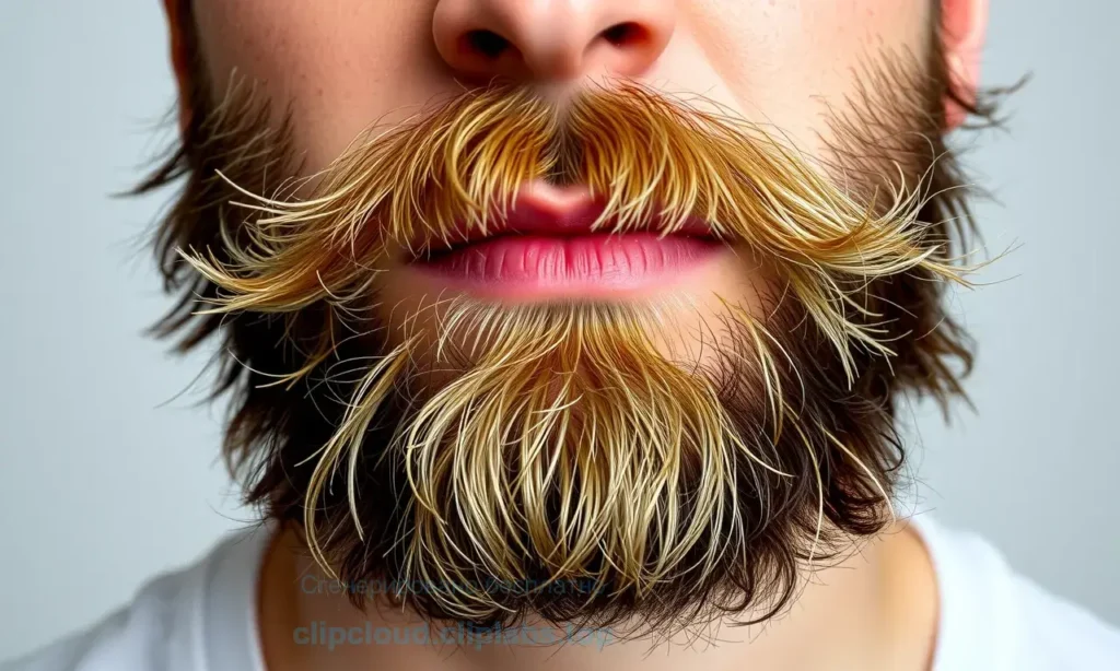 A close-up of a man's beard that looks messy and unkempt an hour after styling, with stray hairs, uneven texture, and a slightly oily sheen, set against a neutral background