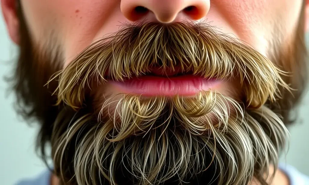 A close-up portrait of a man's beard showing dark roots and lighter tips, natural lighting, realistic skin texture, detailed hair strands, no text or symbols