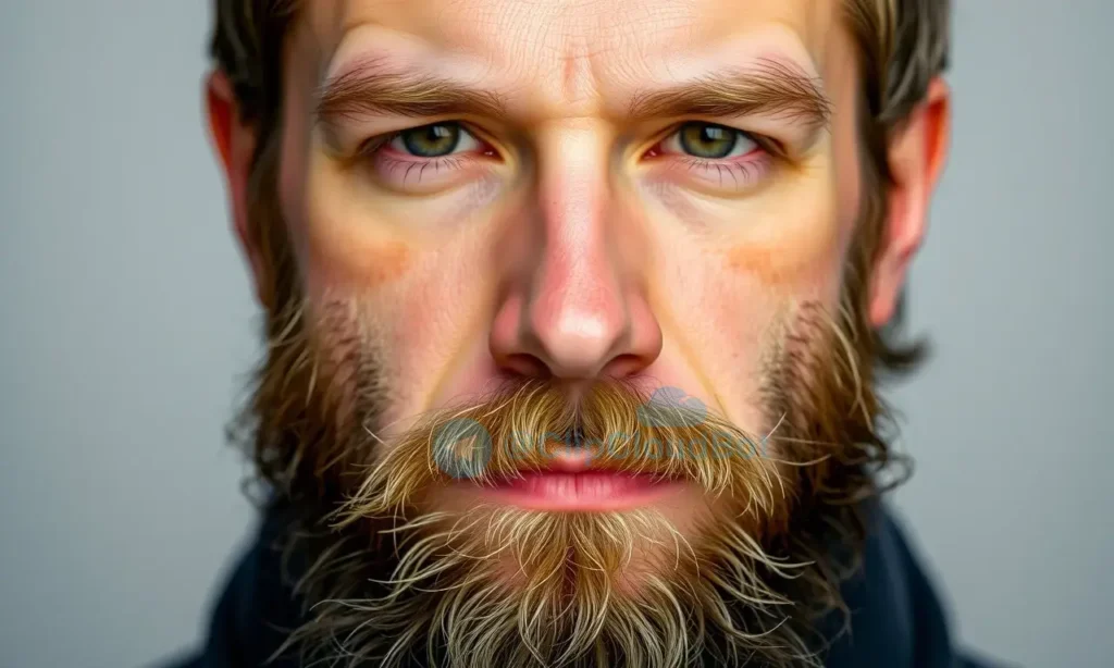 A close-up portrait of a man with a patchy, uneven beard growing in clumps, showing visible skin between sparse hair growth, natural lighting, realistic skin texture, no text or symbols on face, neutral background