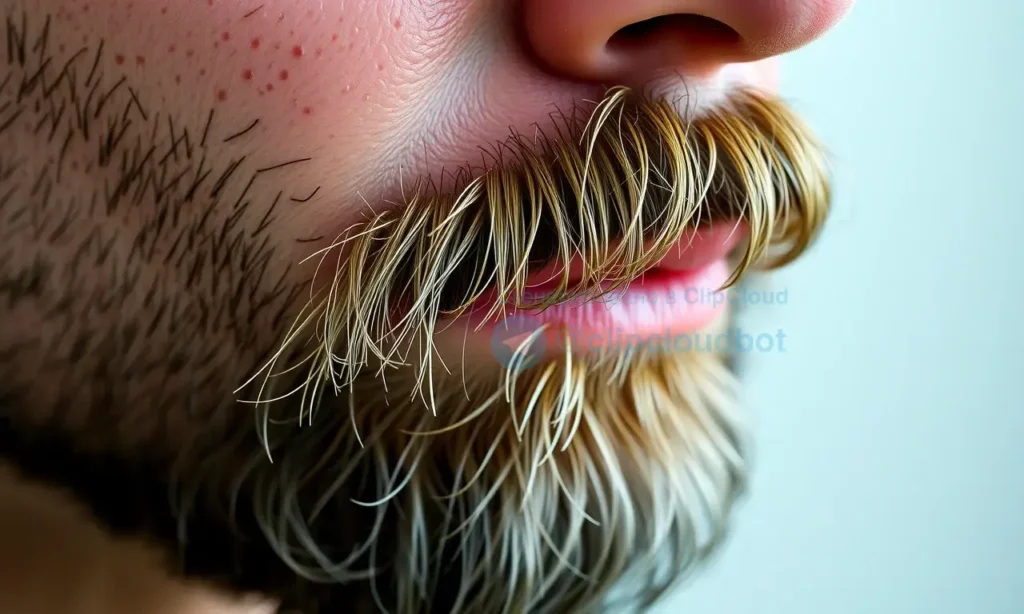A close-up of a well-groomed man's beard with dry, split ends, showing natural skin texture on his face, realistic skin pores and subtle stubble, high detail, sharp focus, natural lighting, no text or symbols on skin or beard