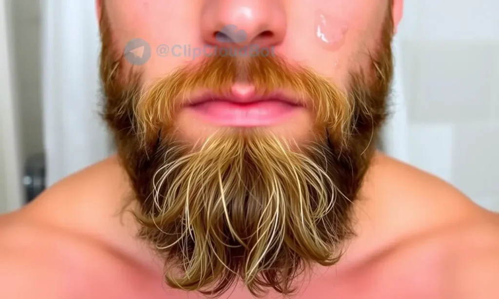 A close-up of a man's face with a well-groomed beard, showing visible flaking skin under the beard after a shower. The background should suggest a bathroom setting, such as a shower curtain or tiles, with subtle steam or water droplets. The lighting is warm and natural, highlighting the texture of the skin and beard. The focus is on the skin condition, with no visible text or symbols.