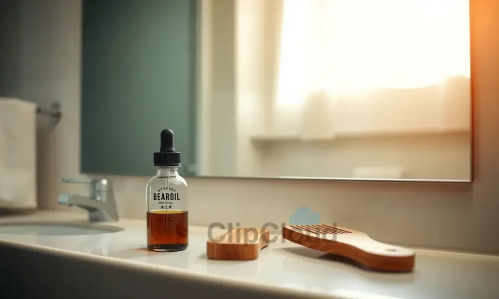 A clean, well-lit bathroom counter with a small glass bottle of beard oil, a wooden comb, and a neatly trimmed beard on a man's face in soft focus reflection in the mirror — natural skin tones, subtle facial hair detail, no text or labels visible, warm morning light, realistic photography style