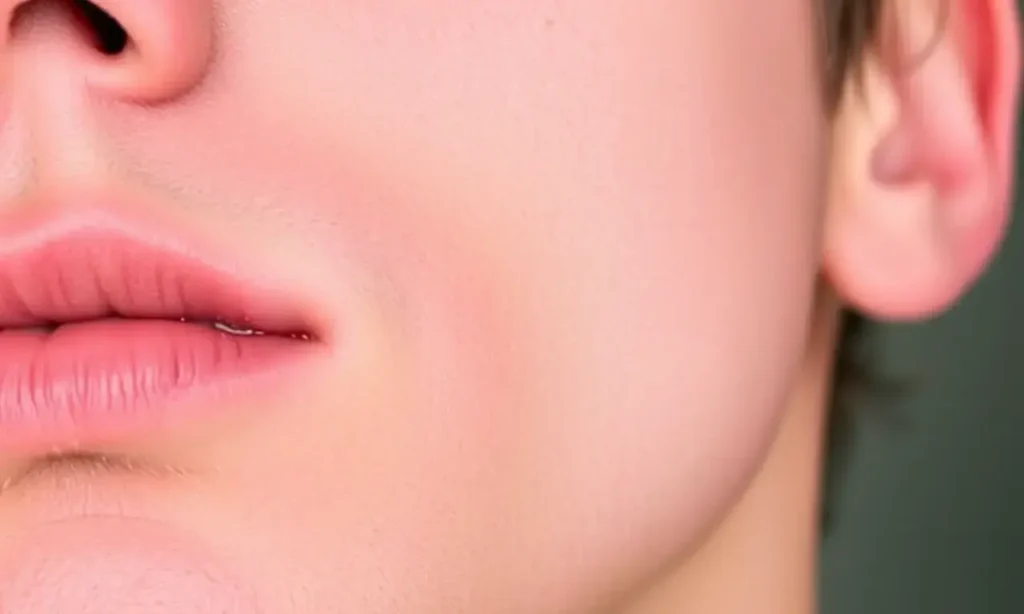 A close-up of a man's face showing a faint, slightly reddish irritation or razor burn on his chin and jawline, indicating stubble after shaving, with natural skin texture and lighting, no text or symbols