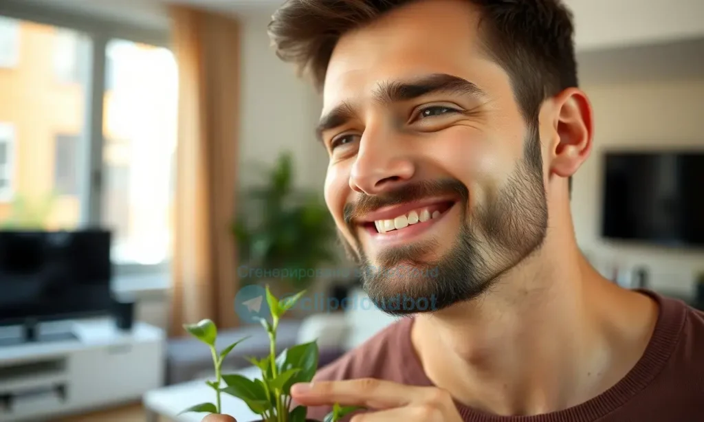 A close-up of a well-groomed man with a neatly trimmed beard, smiling gently, holding a small potted plant, soft natural lighting, warm tones, modern living room background