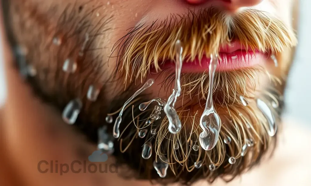 A close-up of a freshly washed beard with water droplets, clean and well-groomed, showing natural skin and hair texture without any dirt or residue, soft lighting to highlight cleanliness