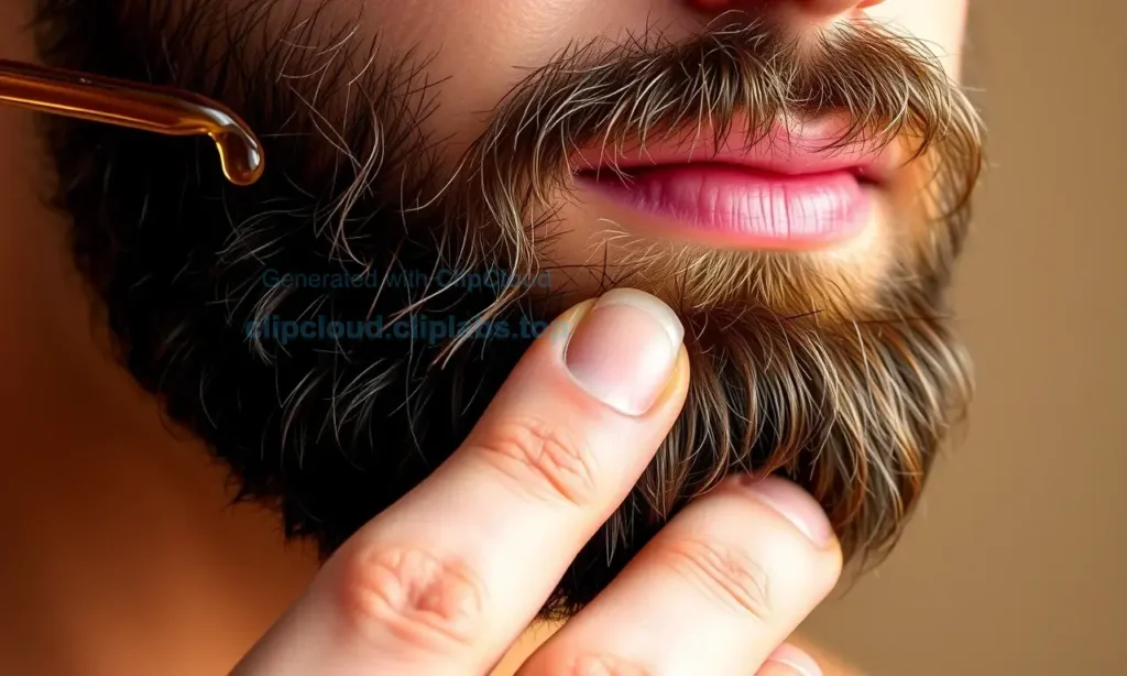 A close-up of a well-groomed man's beard with natural lighting, showing healthy, soft facial hair with a few drops of beard oil being gently applied using fingertips, subtle skin texture visible underneath, no text, no labels, no packaging, no bottles or tools in frame, realistic skin and hair detail, warm neutral background