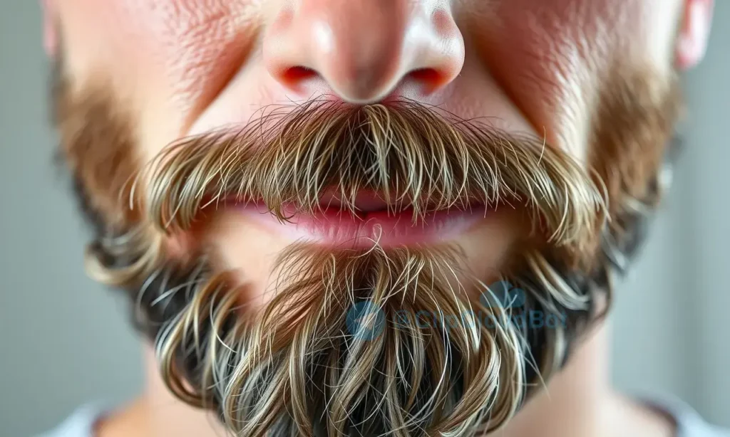 A close-up of a man's face showing a healthy beard with natural, even shedding of individual hairs in small clumps, realistic skin texture, soft natural lighting, high detail, no text or symbols, no medical equipment, no signs of distress