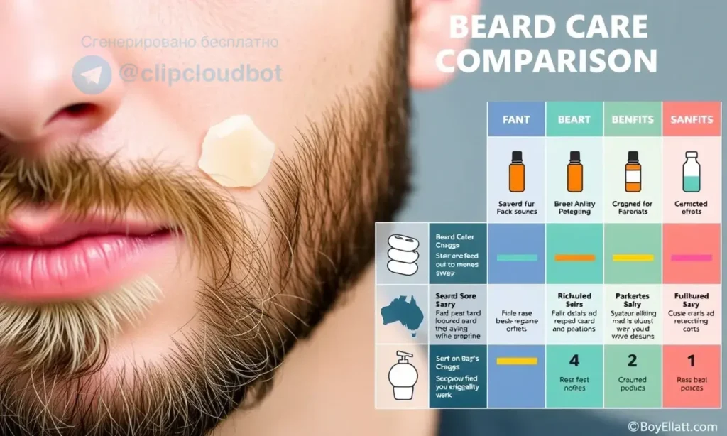 A close-up of a man's face with a beard, showing flaking skin underneath, accompanied by a stylized comparison chart of beard care products displayed beside him. The chart uses icons, color-coded bars, and simple shapes to represent different products and their benefits, all without any text, letters, or numbers.