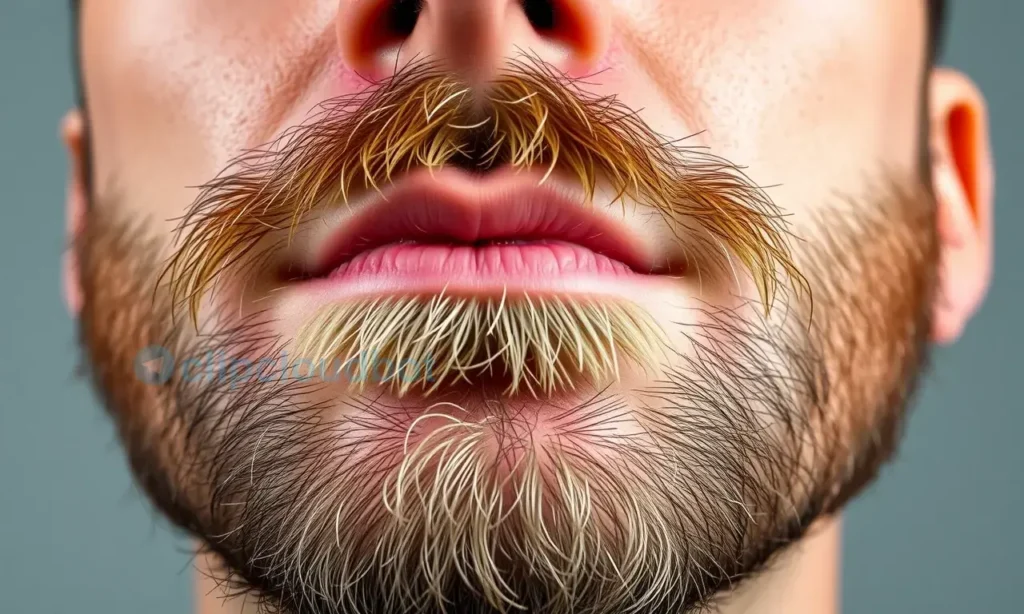 A close-up of a man's face with dry, sensitive skin showing mild redness and flakiness, attempting to grow a beard with patchy, uneven stubble; soft natural lighting, realistic skin texture, no visible irritation or infection, focus on facial skin and beard growth challenges
