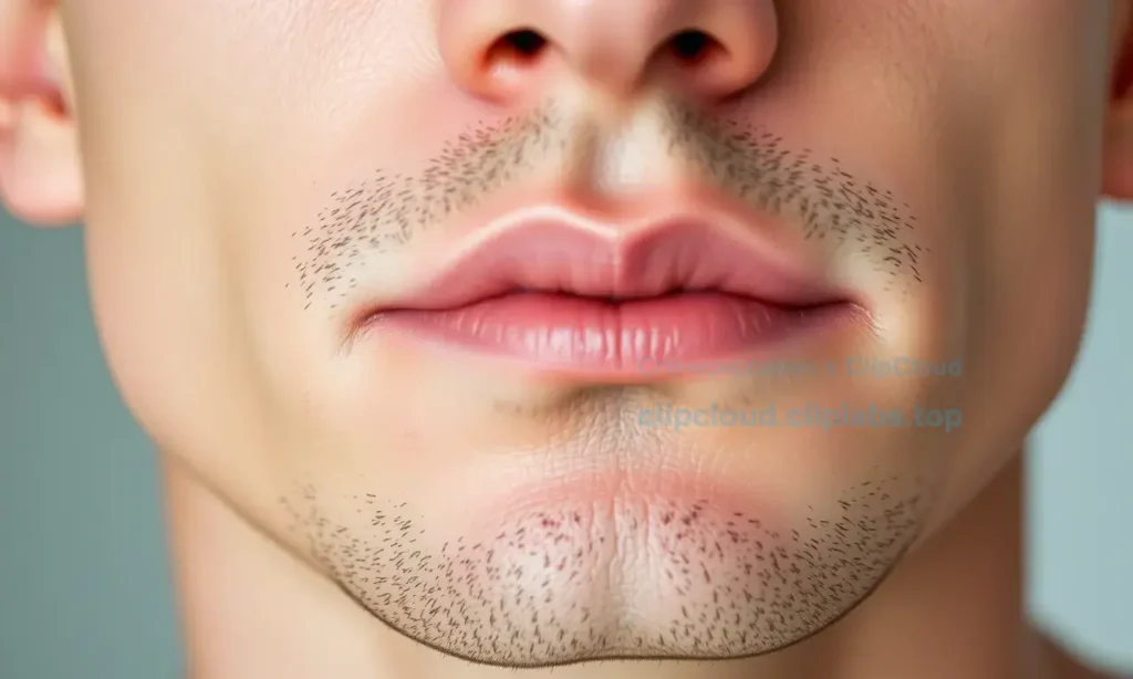 A close-up of a man's chin and lower lip area showing smooth, healthy skin without visible flakes or redness, with subtle moisture and a natural skin texture, no facial hair visible in the immediate area of the skin being cared for, soft natural lighting, realistic detail