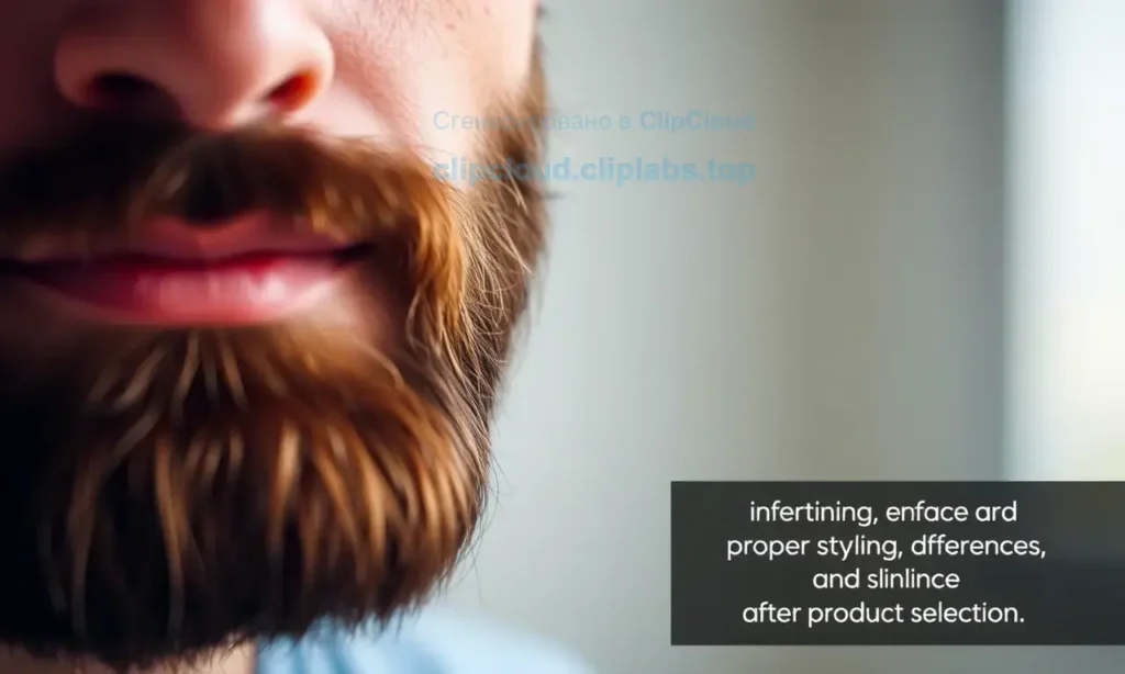 A close-up portrait of a man with a neatly styled, well-groomed beard, showing a healthy shine and defined shape. The background is soft and blurred, emphasizing the beard's texture and the effectiveness of proper styling products. The lighting highlights the beard's smoothness and the contrast between a well-maintained beard and a subtle hint of an unstyled area to illustrate the difference after proper product selection.