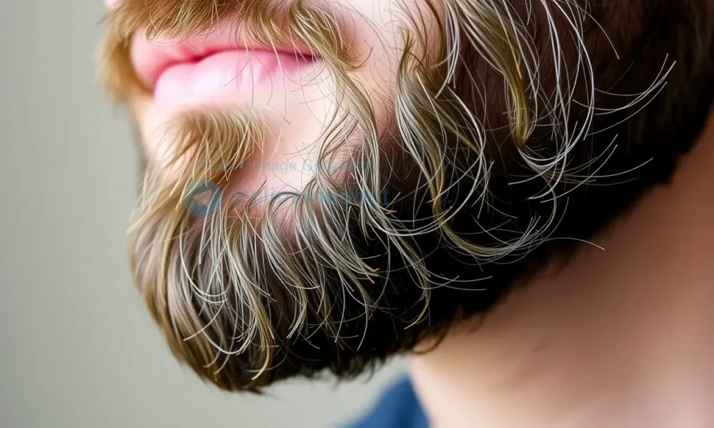 A close-up of a well-groomed beard with healthy, smooth ends, no split tips, showing natural texture and subtle shine, set against a soft neutral background, emphasizing beard care and prevention of split ends without trimming