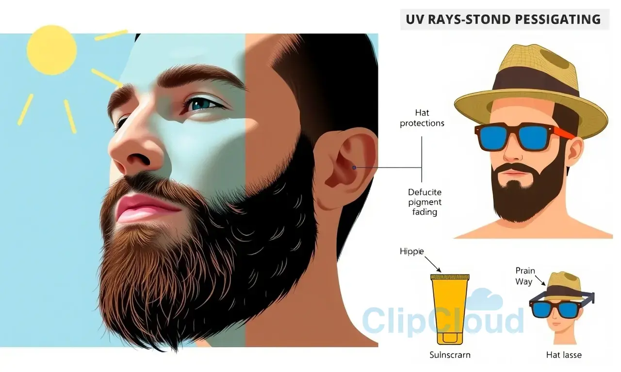 A detailed infographic showing a man's face with a beard under sunlight, illustrating how UV rays cause the beard to lighten (depicting pigment fading), alongside a sun protection routine including sunscreen application, a hat, and sunglasses, with clear labels and arrows explaining the process, in a clean, educational style