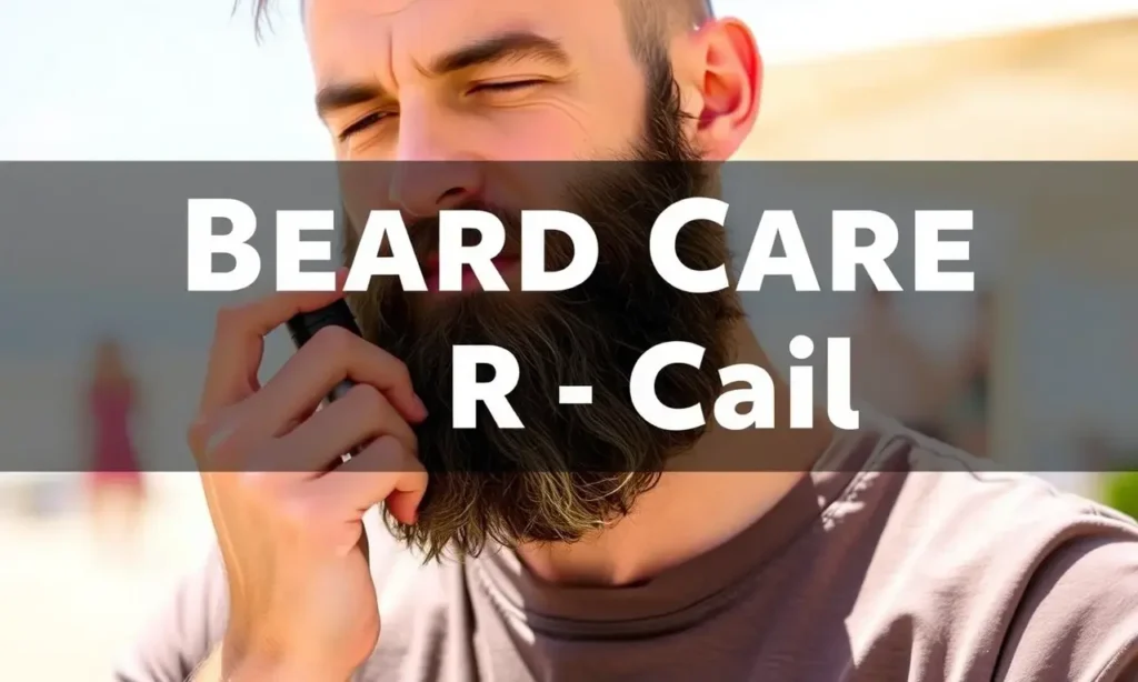 A well-groomed man with a thick beard, standing outdoors in a sunny environment, demonstrating proper beard care. He is applying beard oil or balm to his beard, which looks clean and healthy. The background includes elements like a beach or park to emphasize the hot weather. The man is dressed in casual summer clothing, such as a t-shirt and shorts.